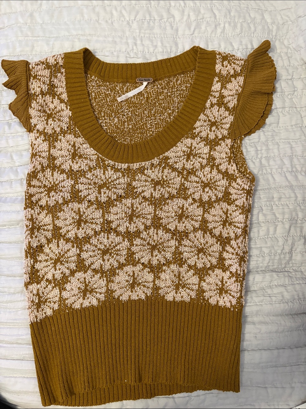 Free People Mustard & Cream Floral Knit Ruffle Sleeve Top